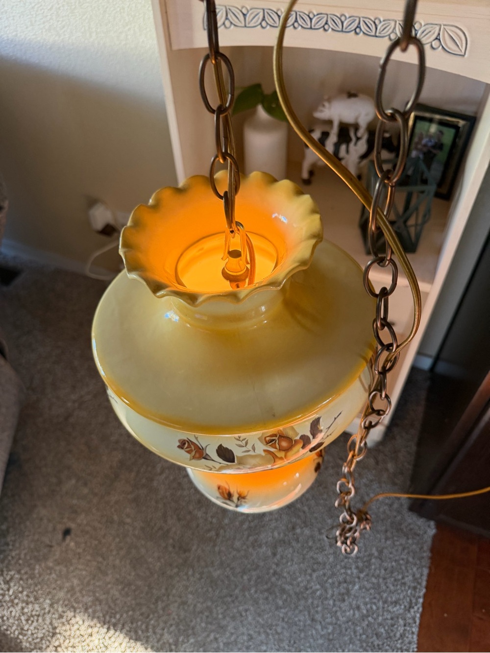 Vintage Floral Glass Hanging Lamp - Yellow Orange - Picture 4 of 6